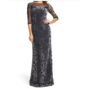La Femme Burnout Velvet Column Gown in Gunmetal Illusion Yoke Size 10 NWT